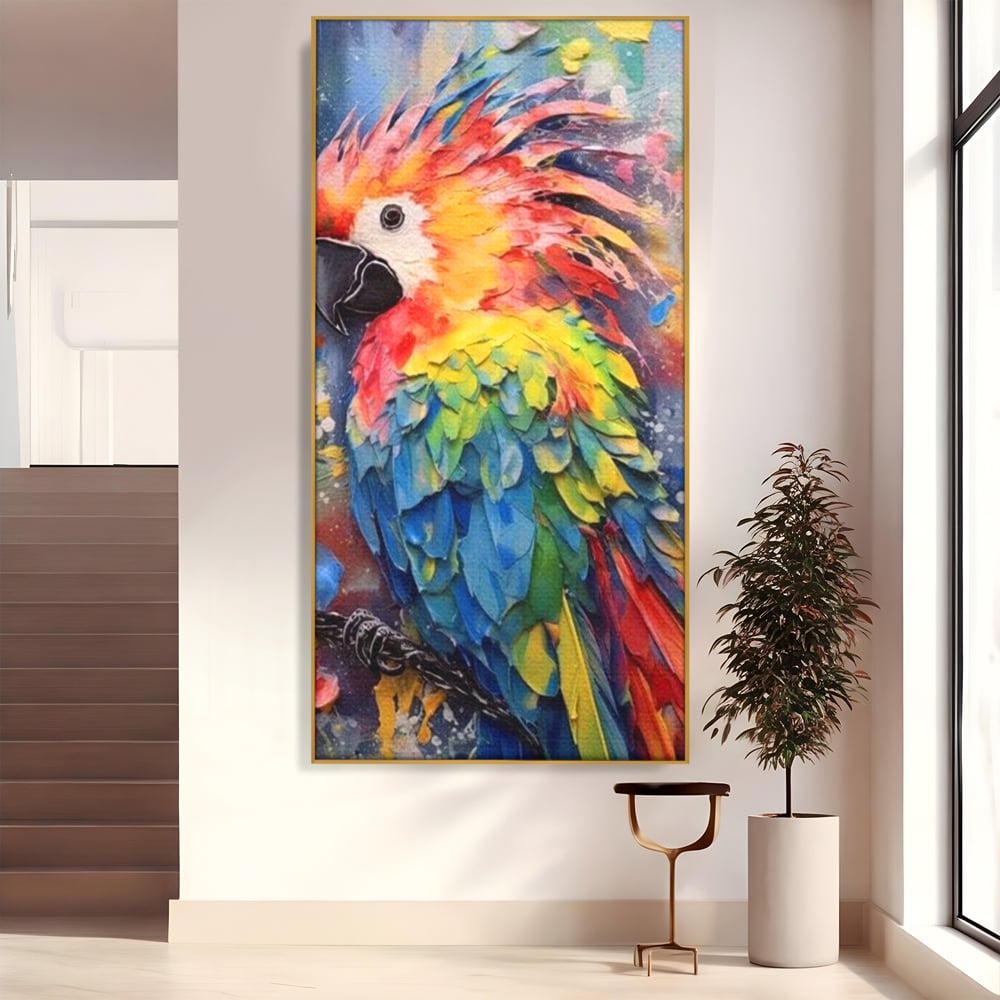 Tablou canvas cu tablou canvas cu papagal colorat, in rama de aluminiu auriu